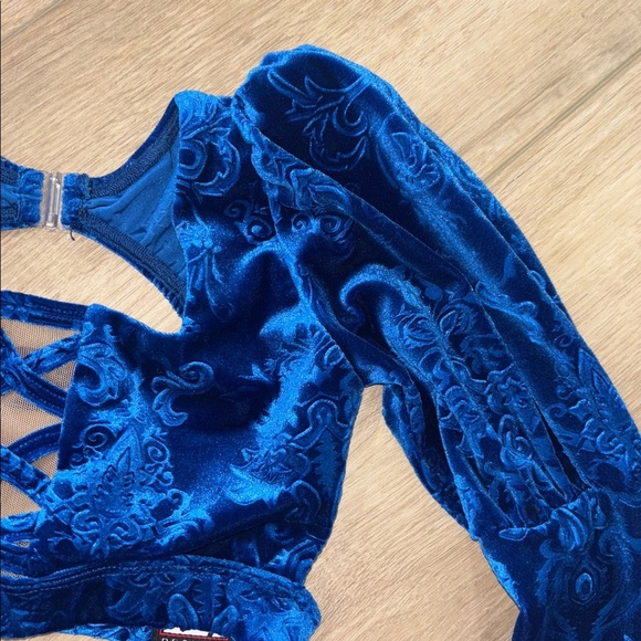 Blue Velvet Long Sleeve Crop Top and Shorts Set - Picture 3 of 8